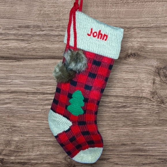 Buffalo Plaid Knit Christmas Stocking ,Custom Embroidered Name- John...NEW - Picture 1 of 4
